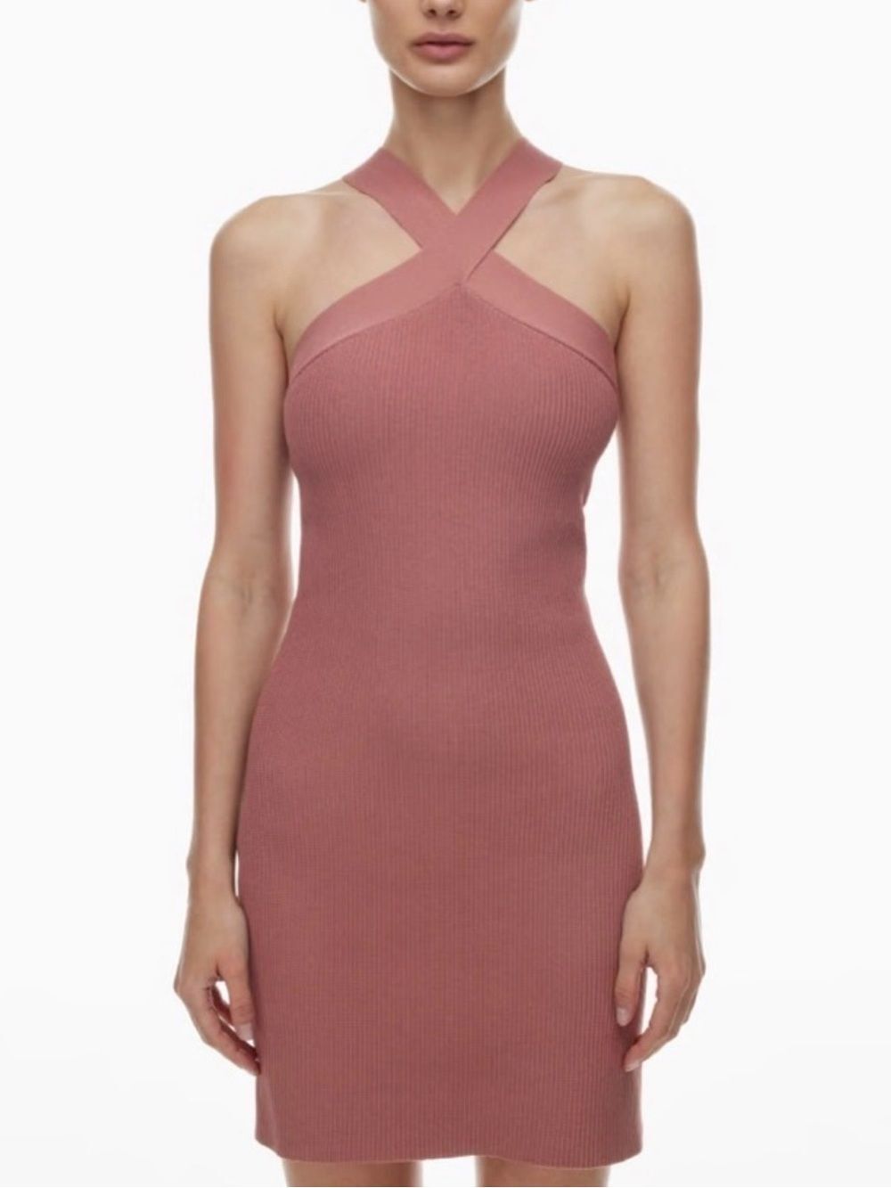 ARITZIA Babaton Cross-Strap Ribbed One-Shoulder Dress in Dusty Rose